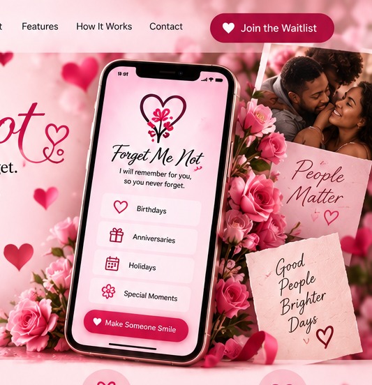 Forget Me Not app concept surrounded by flowers and heartfelt moments